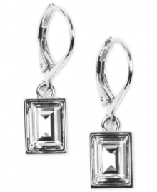 These faceted crystal drop earrings sizzle with understated sophistication. From Givenchy, in silvertone mixed metal with clear stones, measuring approximately one inch in length.