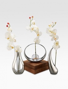 Complete with a silk orchid set at a rakish angle, this bud vase turns a round, tapered band of signature alloy and a glass teardrop center into an objet d'art suitable for any room in the house. Includes silk orchid Metal alloy/glass 9W X 8H Hand wash Imported 