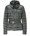 This bomber-inspired down jacket from Peuterey features a luxe fur collar and a flattering fitted silhouette - Large fur collar, concealed front zip closure with front button placket, long sleeves with zip cuffs, belted waist, flap pockets, slim fit, quilted - Wear with a cashmere pullover, skinny jeans, and shearling-lined boots