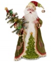 Holly jolly Santa Claus in traditional red, green and gold colors holds a festive Christmas tree in this figurine from Mark Roberts.