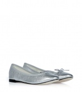 Bring the bling in these bold silver ballet flats from Repetto - Classic ballet flat styling, front bow detail, leather sole, low heel, shiny silver metallic leather - Pair with a full skirt and a tie-front top or a frilly mini dress