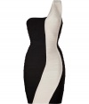 Channel minimalist chic in this Herv? L?ger figure-enhancing bandage dress featuring an on-trend asymmetrical neckline and bold contoured stripe - One-shoulder bodice with seaming details, figure-enhancing bandage panels, back and side seam details, concealed back zip closure - Extra form-fitting - Style with statement heels and a bold bangle