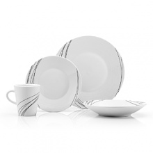 The Unravelled Dinnerware set is classic white with a black linear design. Service for four includes four of each: dinner plate, salad plate, soup bowl and mug. Dishwasher and microwave safe. Two piece completer set also available (29.99).