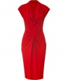 A draped silhouette and a bold crimson hue set this Michael Kors cocktail dress apart from the basic LBDs - Draped cowl neckline, sleeveless, defined waist with front knot detail, concealed back zip closure, fitted silhouette - Pair with ankle strap platforms and a chain-detailed shoulder bag