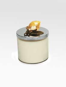 A vivid fragrance that celebrates the herbal and grassy heart of citrus with rich base notes of precious wood, sage, cardamom and clove. The glass jar is topped with a goldplated lemon on nickel-plated metal lid crafted by one of America's premier metalwork artists. From the Lemonwood CollectionSoy wax14.5 oz.5½H X 3¾ diam.Imported 