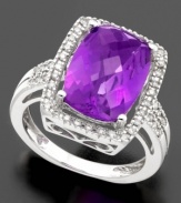 A tremendously elegant platform for the darkly romantic beauty of amethyst. In 14k white gold, this ring features cushion-cut amethyst (6 ct. t.w.) surrounded by round-cut diamond (1/5 ct. t.w.).