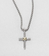 From the Thoroughbred Collection. A delicate cabled cross of sterling silver wrapped in 14k yellow gold on a sterling silver box link chain. Sterling silver with 14k gold accent Cross length, about 1 Chain length, about 16 Lobster clasp Made in USA