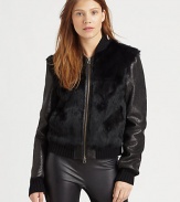 Luxe rabbit fur paneling adds a primal touch to this lustrous leather jacket with rib-knit trim. Ribbed collarDyed rabbit fur panelsLong sleeves with rib-knit cuffsFront zipperDyed rabbit fur backAbout 22 from shoulder to hemLeather with dyed rabbit fur trimDry clean with leather specialistImportedFur origin: ChinaModel shown is 5'10 (177cm) wearing US size Small.