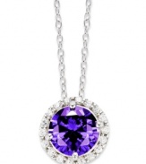 Add a splash of color to your look. B. Brilliant's pretty round-cut pendant features purple and clear cubic zirconias (2-1/5 ct. t.w.) set in sterling silver. Approximate length: 18 inches. Approximate drop: 1/3 inch.