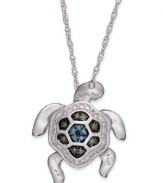 Step out of your shell and embrace your daring side. This pendant, set in sterling silver, dazzles with blue and green diamond accents (1/10 ct. t.w.) providing a lustrous touch. Approximate length: 18 inches. Approximate drop size: 3/4 inch by 3/4 inch.