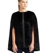 THE LOOKPlush faux fur in a swirly textureSmooth contrast trim along the neck and center placketFront pin closureCape sleevesTHE FITAbout 27 from shoulder to hemTHE MATERIALFaux fur: viscoseBacking: viscose/cotton/modalCARE & ORIGINDry cleanImportedModel shown is 5'11 (180cm) wearing US size Small. 