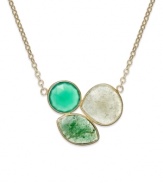 An exotic blend of multicolored stones creates a lovely mosaic on this stunning pendant. Necklace is crafted in 10k gold and features shades of green onyx (8-1/5 ct. t.w.) in a 3-stone pattern. Approximate length: 18 inches. Approximate drop: 1 inch.