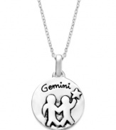 Lively, adaptive, versatile & eloquent. Unwritten's chic Zodiac pendant features the signature Gemini design with these unique qualities listed on the reverse side. Set in sterling silver. Approximate length: 18 inches. Approximate drop: 3/4 inch.