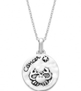 Emotional, loving, intuitive & shrewd. Unwritten's chic Zodiac pendant features the signature Cancer design with these unique qualities listed on the reverse side. Set in sterling silver. Approximate length: 18 inches. Approximate drop: 3/4 inch.