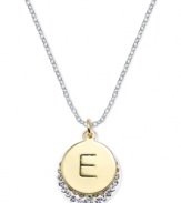 Letter perfection. This sterling silver necklace holds a pendant set in 14k gold and sterling silver plated topped with an E and adorned with crystal for a stunning statement. Approximate length: 18 inches. Approximate drop: 7/8 inch. Approximate drop width: 5/8 inch.