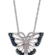 Soar to new heights of style. This butterfly pendant, set in sterling silver, sparkles with blue and green diamond accents (1/10 ct. t.w.) providing a lustrous touch. Approximate length: 18 inches. Approximate drop length: 1/2 inch. Approximate drop width: 3/4 inch.