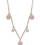 Growing into glamour. Pink enamel flowers and cultured freshwater pearls (5 mm) bloom on this children's station necklace from Lily Nily. Set in 18k gold over sterling silver. Item comes packaged in a signature Lily Nily Gift Box. Approximate length: 16 inches. Approximate charm size: 3/8 inch.