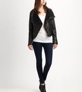 EXCLUSIVELY AT SAKS.COM. Overwhelmingly cool leather jacket with asymmetrical zippers can also be worn as a rocker-chic vest. Oversized collar with snap closuresZippered shoulders; removable long sleevesAsymmetrical front zipperZippered slash pocketsRib-knit back hemFully linedAbout 22 from shoulder to hemLeatherDry clean with leather specialistImportedModel shown is 5'10 (177cm) wearing US size Small.