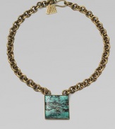 An antique-inspired piece with modern appeal featuring a square pendant of turquoise on a link chain. TurquoiseBrassLength, about 20Pendant size, about ¾Hook clasp closureMade in USA