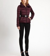 Equal parts sporty and feminine, this quilted colorblock puffer is cinched at the waist with a playful bow belt.Stand collarEpaulettesZip frontBow buckle beltZipper pocketsButton tab cuffsButton-down rain flapFully linedAbout 22 from shoulder to hemPolyesterDry cleanImportedModel shown is 5'10 (177cm) wearing US size Small. 