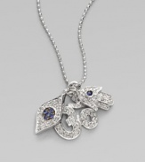 A whimsical trio of hamsa, evil eye, and om charms, rendered in sparkling diamonds and rich blue sapphires, hang from a delicate white gold chain. Diamonds, 0.21 tcw Sapphires 14K white gold Chain length, about 16 Claw clasp Made in USA 