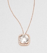 A faceted, cushion-cut chalcedony stone surrounded by dazzling white sapphires set in 14k rose gold on a delicate link chain. ChalcedonyWhite sapphire14k rose goldLength, about 16Pendant size, about .3 Spring ring closureMade in USA