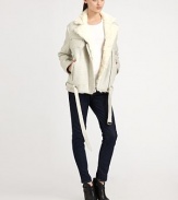 Cozy up to this cotton and wool-blend jacket with a plush shearling collar and self belt for a tailored fit. Shearling notched collarButton front; zipperZippered slash and flap pocket at chestFront slash pocketsRemovable self belt at hemAbout 26 from shoulder to hemBody: 60% cotton/40% virgin woolTrim: ShearlingDry clean with fur specialistImportedFur origin: ItalyModel shown is 5'10 (177cm) wearing US size Small.