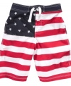 Time to salute! He'll be proud to show off his patriotic side in these stars-and-stripes swim trunks from Tommy Hilfiger.