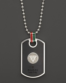 Sterling silver and enamel dogtag with classic Gucci logo and colors.