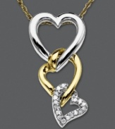 Let love conquer all with this interlocking heart necklace. Set in sterling silver and 14k gold, pendant features three interlocking hearts with the bottom heart coated in round-cut diamond accents. Approximate length: 18 inches. Approximate drop: 3/4 inch.