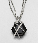 From the Cable Wrap Collection. A beautiful, faceted black onyx stone wrapped in diamonds and sleek sterling silver. Black onyxDiamonds, .15 tcwSize, about .75Fixed baleImported Please note: Chain sold separately. 