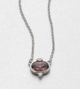 A beautifully faceted raspberry crystal stone set in intricately designed, sterling silver accented with a dazzling white sapphire on a link chain. Raspberry crystalSterling silverWhite sapphireLength , about 17Pendant size, .6Lobster clasp closureImported