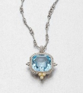 From the Estate Collection. Beautifully faceted blue topaz stone set in intricately designed, sterling silver accented with 18k gold and white sapphires on a twisted link chain. Blue topazSterling silver18k goldWhite sapphiresLength, about 17Pendant size, about 1Lobster clasp closureImported