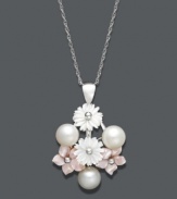 Beautiful blooms will provide a touch of spring year round. This pretty pendant features pink and white cultured freshwater mother of pearl (10-12 mm) and cultured freshwater pearls (7-1/2-8 mm) in a bouquet arrangement. Chain and setting crafted in sterling silver. Approximate length: 18 inches. Approximate drop: 1-1/4 inches.