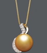 Add a burst of sunshine to your neckline. This rich pendant highlights a golden cultured South Sea pearl (13 mm), swirling round-cut diamonds (1/3 ct. t.w.), and a 14k gold setting. Approximate length: 18 inches. Approximate drop: 1 inch.