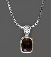 Get a chic, lustrous look in neutral tones. Balissima by Effy Collection pendant features a rectangular smokey quartz (9-1/4 ct. t.w.) set in filigree sterling silver with 18k gold accents and a chic toggle clasp. Approximate length: 16 inches. Approximate drop width: 10/16 inch. Approximate drop length: 2-1/4 inches.