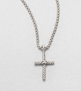 From the Thoroughbred Collection. A twisted cable cross with one sparkling diamond hangs from an elegant silver box chain in this design of quiet beauty.Diamond, .03 tcwSterling silverChain length, about 16Pendant length, about .8Lobster claspImported