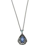 The ornate, vintage-inspired styling of 2028's fan-shaped necklace yields a decidedly distinct look. Adorned with sapphire-colored crystals and crafted in hematite tone mixed metal. Approximate length: 16 inches + 3-inch extender. Approximate drop: 2 inches.