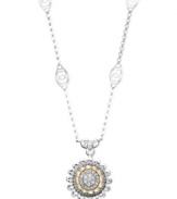 Freshen your look. A sweet daisy design adorns this pretty pendant, along with sparkling round-cut diamonds for shine (1/10 ct. t.w.). Crafted in sterling silver with 14k gold accents. Approximate length: 18 inches. Approximate drop: 1/2 inch.