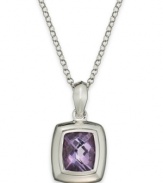 Poignant in purple. This pretty pendant features a chic cushion shape that highlights an amethyst (4-3/4 ct. t.w.) bezel set in sterling silver with a matching chain. Approximate length: 18 inches. Approximate drop: 1/2 inch.