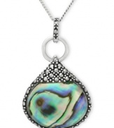 Inspire your look with ocean color. Genevieve & Grace's pretty teardrop-shaped pendant features abalone glass accents and glittering marcasite. Set in sterling silver. Approximate length: 18 inches. Approximate drop: 1-3/8 inches.