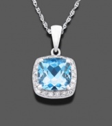 Display the birthstone of March in its element. This gorgeous pendant features cushion-cut aquamarine (1-1/4 ct. t.w.) and diamond accents set in 14k white gold. Approximate length: 18 inches. Approximate drop: 1/2 inch.