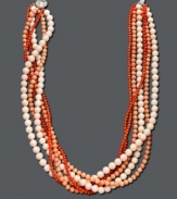 Turn any outfit into a statement with an extra splash of color. This six row necklace features multicolored cultured freshwater pearls mixed with bright, bold coral. Crafted in sterling silver. Approximate length: 18 inches.