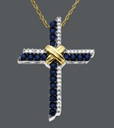 A cross pendant with depth and beauty featuring round-cut sapphire (3/8 ct. t.w.) and diamond (1/10 ct. t.w.) set in 14k gold and sterling silver. Approximate length: 18 inches. Approximate drop: 1 inch.