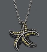 Express your love for all things aquatic with this sparkling sea creature. Crafted in sterling silver, a textured starfish features round-cut yellow diamonds (1/5 ct. t.w.) surrounded by sparkling black diamond accents. Approximate length: 18 inches. Approximate drop: 1/2 inch.