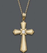 A religious-inspired gift that will last a lifetime. This intricate cross pendant features a unique diamond-cut design crafted in 14k gold, with a 14k white gold center. Approximate length: 18 inches. Approximate drop width: 1/2 inch. Approximate drop length: 1 inch.