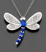 A whimsical delight. The dragonfly pendant features bright round-cut sapphires (3/8 ct. t.w.) with diamond accents. 14k white gold chain measures 18 inches; drop measures approximately 1/2 inch.