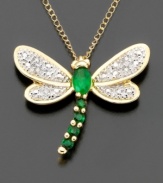 Green, glorious green! This dragonfly pendant features  round-cut emeralds (1/3 ct. t.w.) with diamond accents. 14k gold chain measures 18 inches; drop measures approximately 1/2 inch.