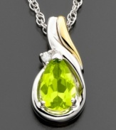 The unique, spring-like hue of peridot (7/8 ct. t.w.) is sure to liven up any look. Cut in a faceted pear shape and surrounded with round-cut diamond accents, this pendant necklace hangs from a 14k gold and sterling silver chain. Approximate length: 18 inches. Approximate drop: 1/2 inches.