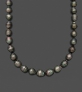 Decorate your neckline with a strand of Tahitian elegance. Belle de Mer's elegant pearl necklace features exotic, cultured, Tahitian black pearls (10-12 mm). Set in 14k white gold. Approximate length: 18 inches.